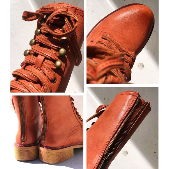 NEW Cognac Red Clay Laced Up Zipper Back Wooden Heel Mid Calf Ankle Combat Boots - Picture 11 of 13